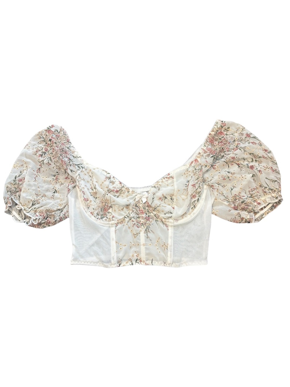 Floral Cream Puff-Sleeve Corset Crop Top